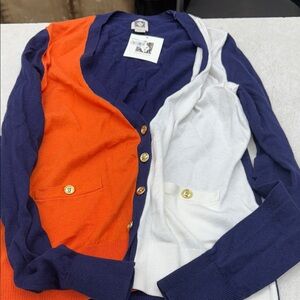 Anne Klein Colorblock Cardigan - Orange, White, Navy